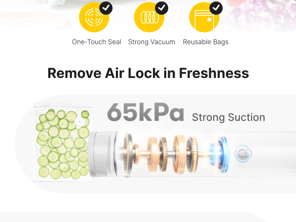one-touch seal, strong vacuum, reusable bags