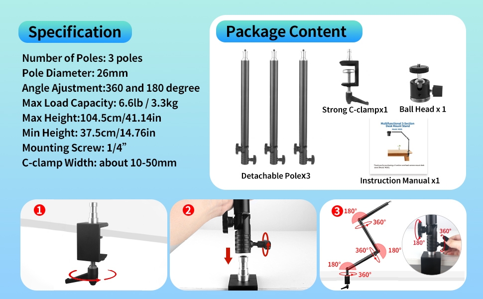 3-Section Heavy Duty Overhead Camera Desk Mount Stand 