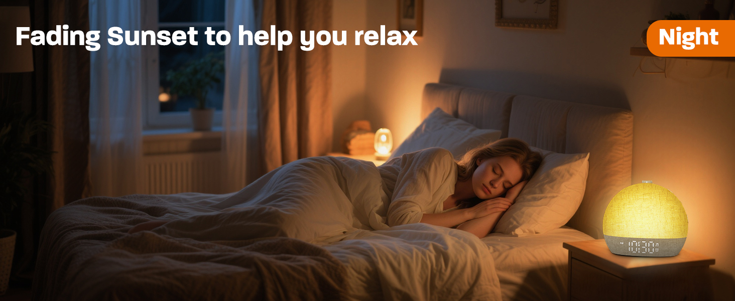 Text reads 'Fading Sunset to help you relax'. Warm-toned interior scenes showing living room spaces lit by soft ambient lighting.