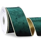 Ribbli Forest Green Velvet Wired Ribbon 2.5 Inch Metallic Dark Green Gold Crushed Velvet Christma...