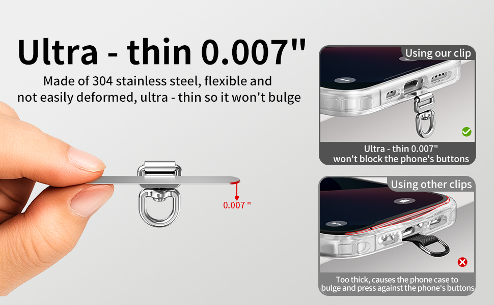 0.007in; ultra-thin metal phone tether tab: No button obstruction, no phone bulge