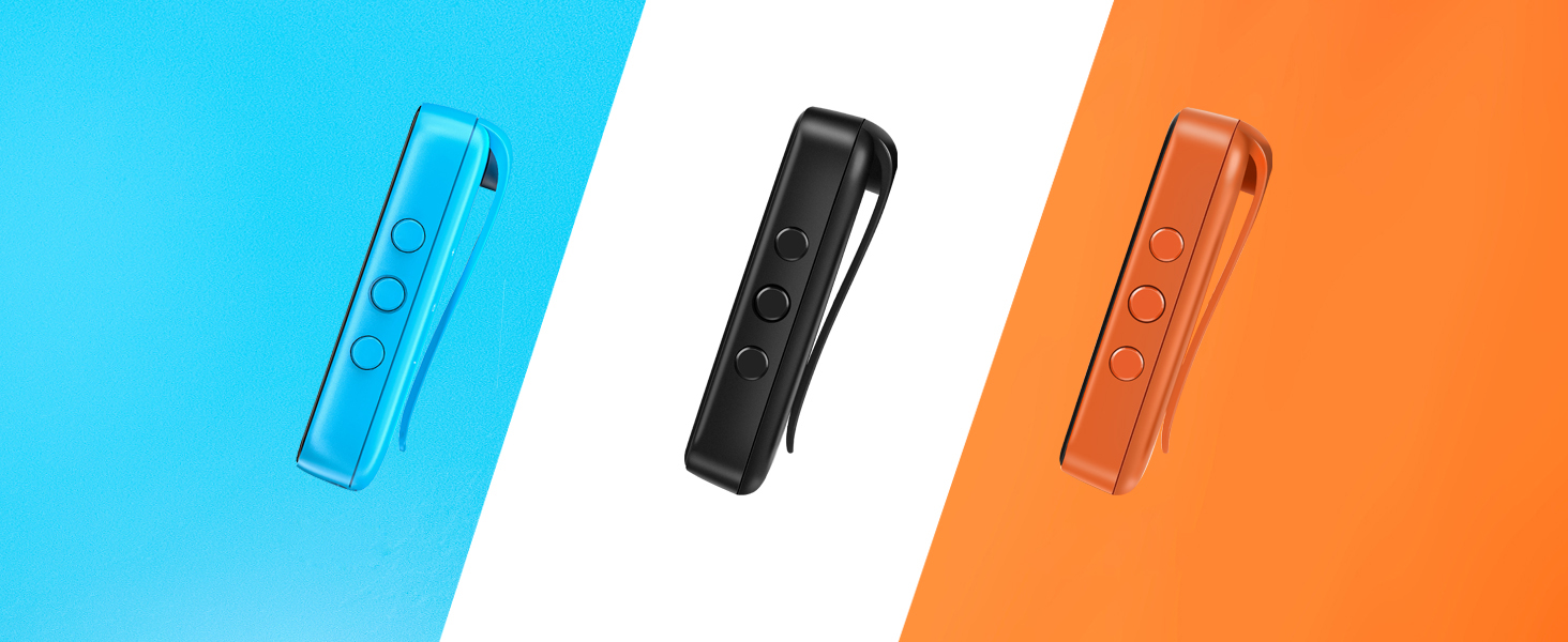 Three identical electronic devices shown in blue, black, and orange colors against corresponding colored background sections.
