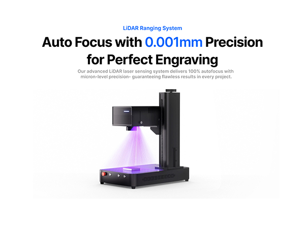 Text reads 'Auto Focus with 0.001mm Precision' and 'USGB Ranging System'. Purple-lit technical device shown from multiple angles with measurement capabilities.