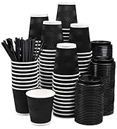 NYHI Set of 100 Black Disposable Paper Cups with Black Lids and Straws (10-oz) | Ripple Insulated...