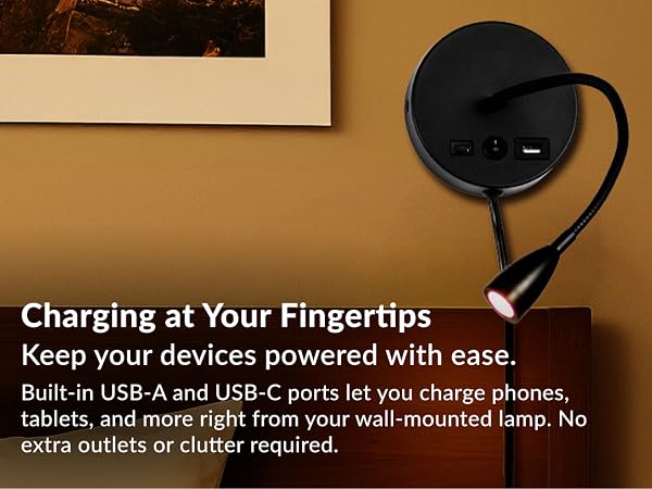 bedside lamp with USB-A and USB-C charging ports space saving desk accessory for nightstands