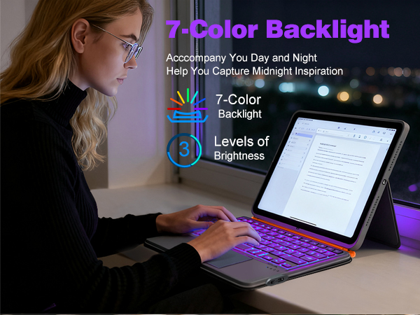 Text reads '7-Color Backlight'. Multiple images showing laptop keyboard with multicolored backlight illumination in various settings.