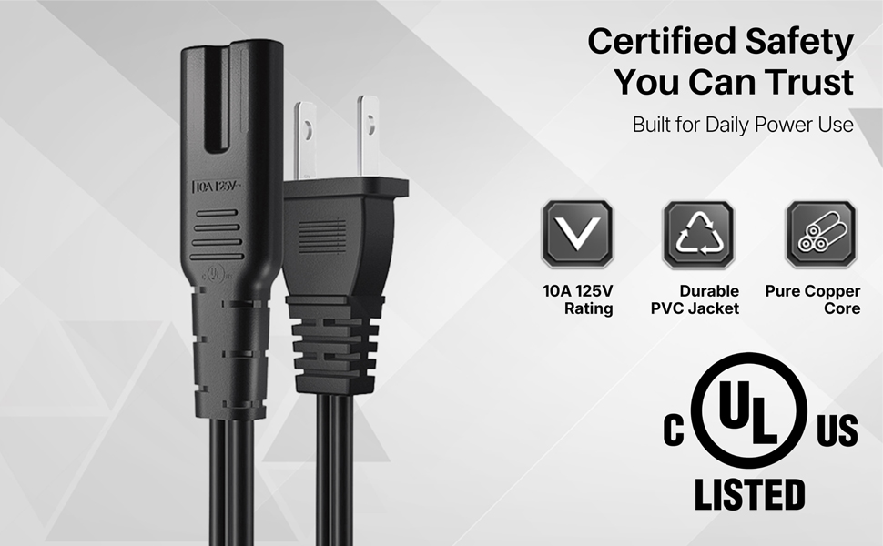 Close-up of two-prong connector highlighting certified build quality for an iec c7 power cord