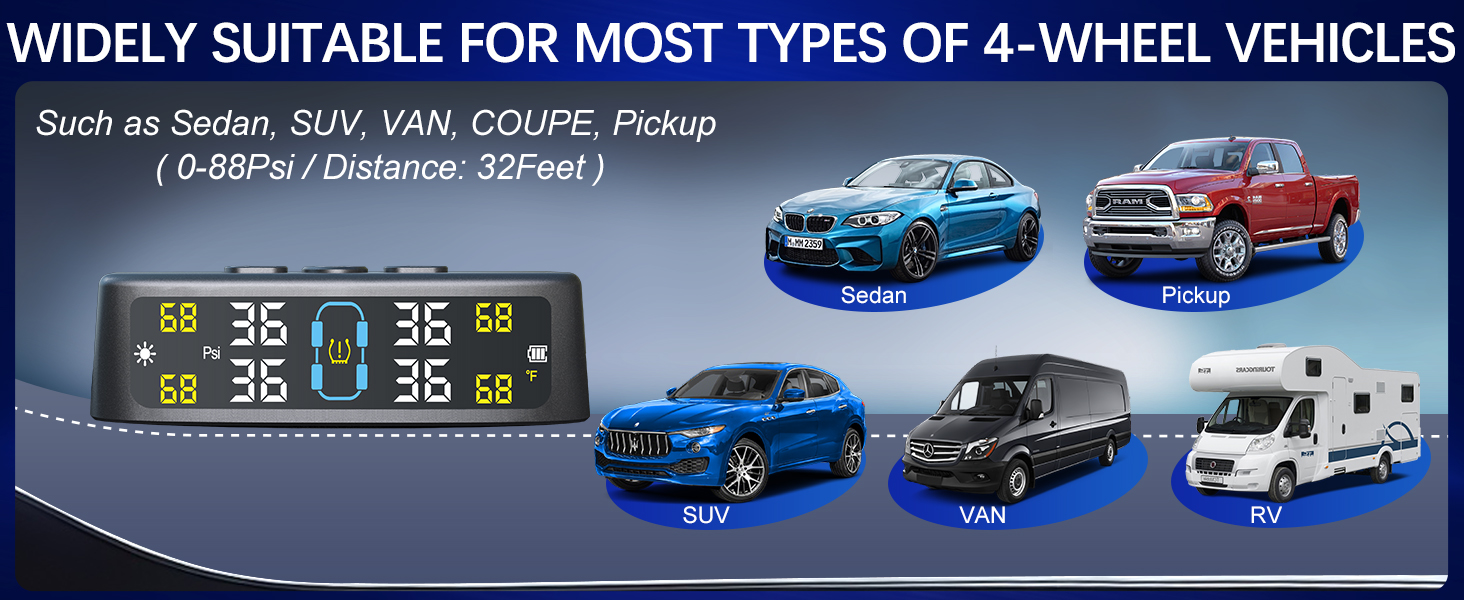 Tire Pressure Monitoring System with Solar Charge, RV TPMS with 4 External sensors