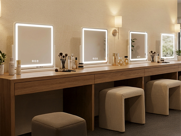 Professional vanity station with illuminated LED mirrors mounted on wooden counter. Beige upholstered stools placed at each station.