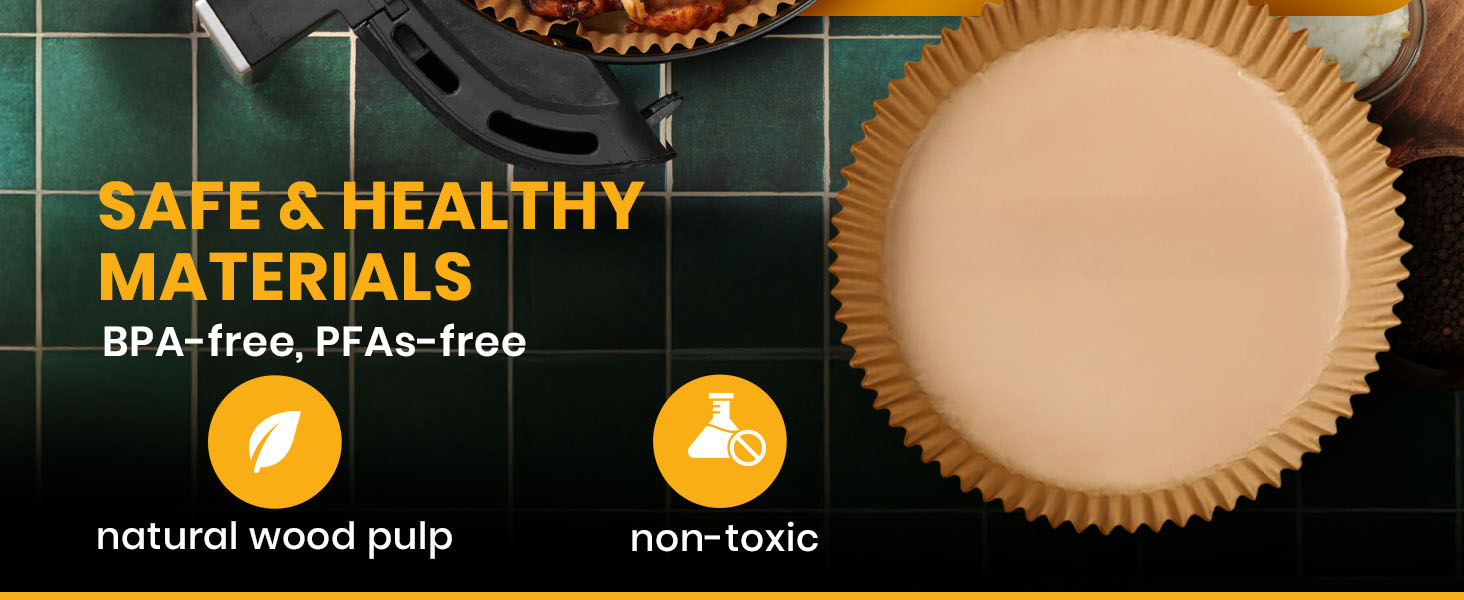 Round air fryer parchment paper liners provide non stick performance and oil control.