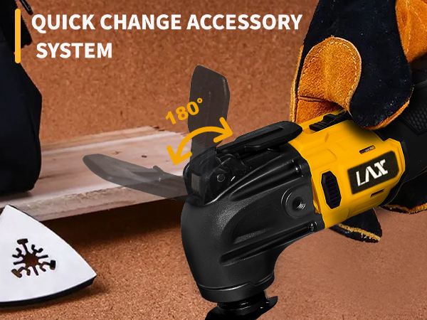 Yellow and black power tool with quick change accessory system. Features 180-degree rotation capability. Shown with sanding attachment and work gloves.