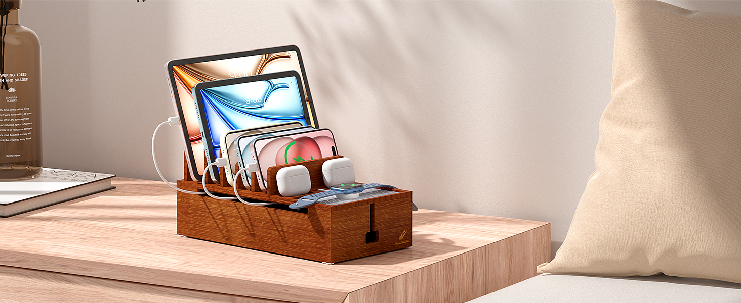 Pezin & Hulin Bamboo Charging Station Organizer for Multiple Devices Desktop Docking Charging Stand