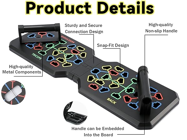 sturdy connection, foldable design, embedded handle, metal components with elastic cord.