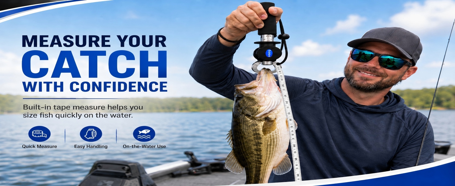 Fishing lip gripper with built-in scale and tape measure