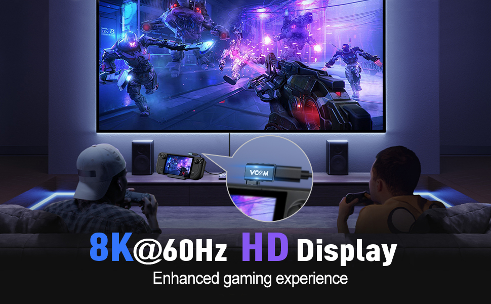 Text reads '8K@60Hz HD Display' and 'Enhanced gaming experience'. Gaming setup with ultra-wide display showing vibrant blue and purple cosmic imagery.