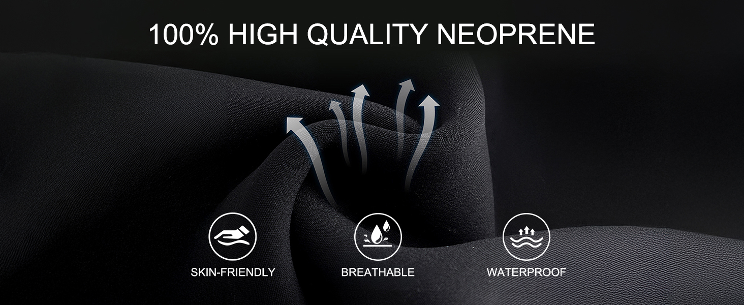 Product features display for neoprene material showing three icons representing skin-friendly, breathable, and waterproof properties on black background.