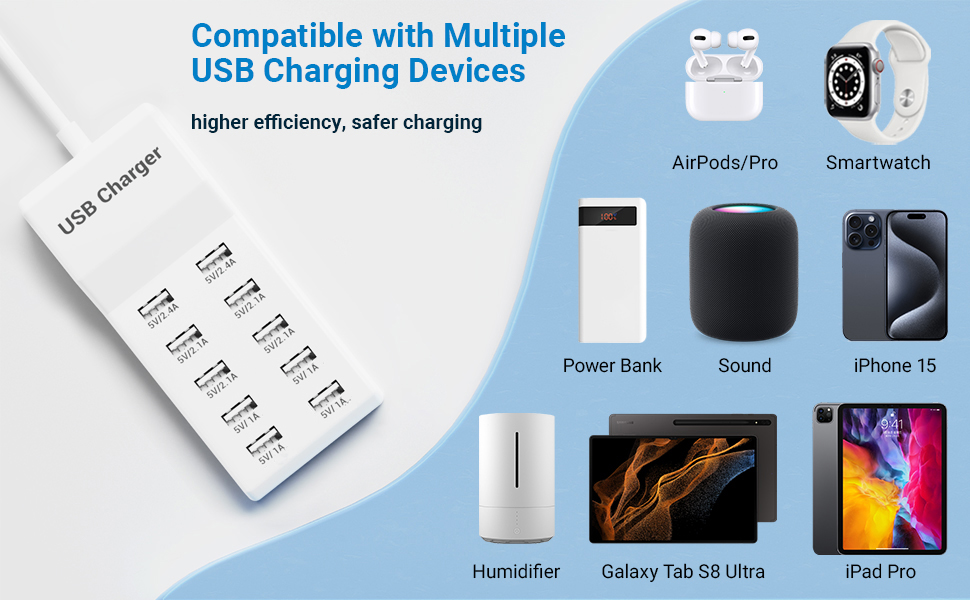 USB charging station for multiple devices USB wall charger 10 ports