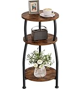 Yuede Small Round Side Table, 3-Tier Rustic Wood &amp; Metal Nightstand, Easy Assembly Small Space Ac...