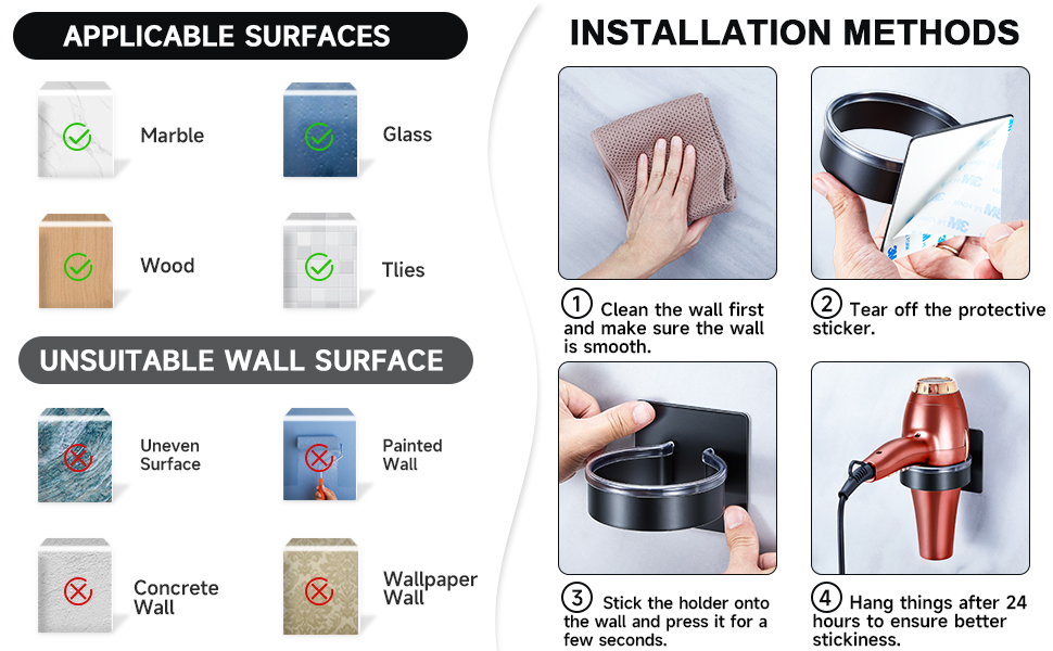 Installation guide for wall-mounted item. Shows applicable surfaces (marble, glass, wood, tiles) and step-by-step mounting instructions with illustrations.