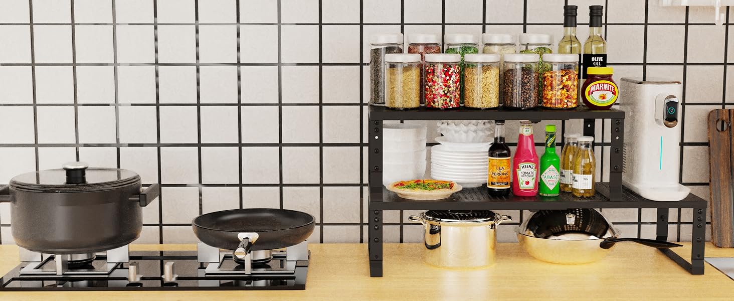 Expandable Kitchen Cabinet Shelf Organizers, Stackable Metal Pantry Storage Shelves Rack