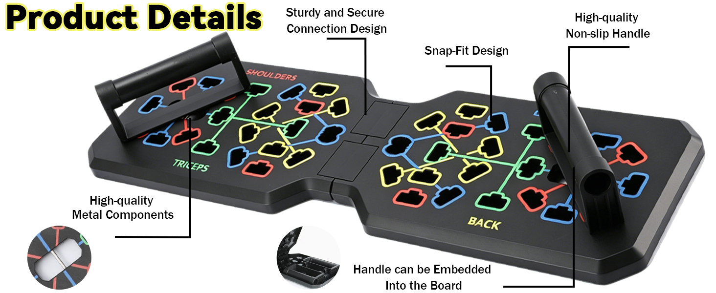 sturdy connection, foldable design, embedded handle, metal components with elastic cord.