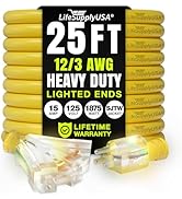 25ft Outdoor/Indoor Extension Cord 3-Outlet 12/3 Gauge Extra Heavy Duty 3 Prong SJTW, Waterproof,...