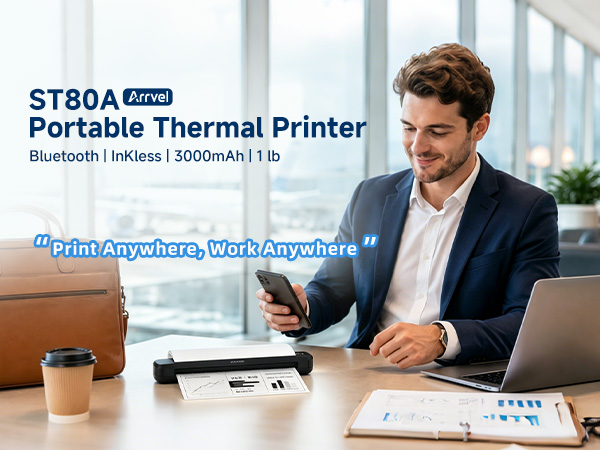 Business traveler uses the portable thermal printer with smartphone and laptop in an airport lounge