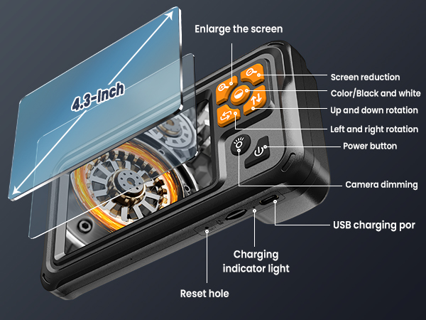 Vorth Endoscope Camera with Light, 4.3&amp;#34; IPS Screen 1080P Borescope Tools with 8 LED Lights