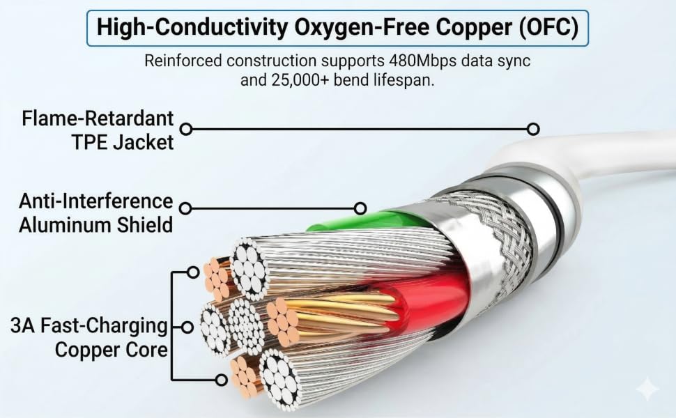 USB C Cable Internal Parts, Oxygen Free Copper Core, 3A Fast Charge Shielded Type C Charging Cord