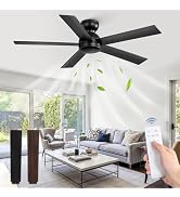 48 Inch Flush Mount Ceiling Fan no Light, Black Ceiling Fan with Remote, 6-Speeds, Quiet Reversib...