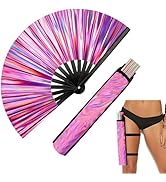 FOWSRHRG Glitter Large Rave Folding Hand Fan with Holster, 13" Laser Rave Handheld Fan for Women,...