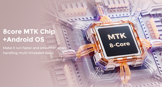 Text reads '8core MTK Chip +Android OS'. Close-up of computer processor chip with circuit board patterns and MTK branding visible.