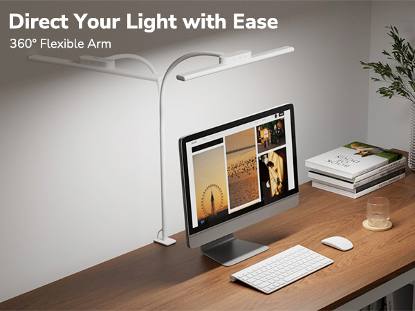 Text reads 'Image 5' and 'Direct Your Light with Ease' and '360° Flexible Arm'. Shows desk setup with adjustable LED lamp, computer monitor, keyboard and books on wooden surface.
