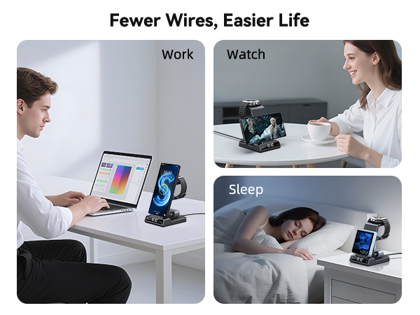 Text reads: 'Fewer Wires, Easier Life', 'Work', 'Watch', 'Sleep'. Three-panel demonstration of wireless charging stand in different settings: desk work, watching, and bedside.