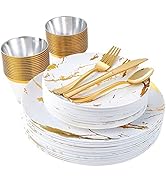 JOLLY PARTY 180PCS Disposable Dinnerware Set 30 Guest - 60 white And Gold Plastic Plates - 30 Pla...
