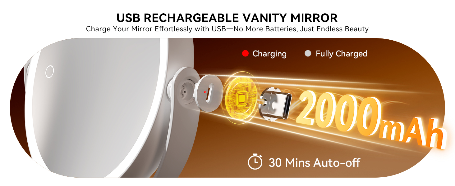 2000mAh rechargeable mirror, charging indicator light, 30 mins auto-off to save battery life