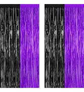 2 Pack Halloween Decor, 3.28 FT x 7.05 FT Purple and Black Foil Streamer, Metallic Fringe Curtain...