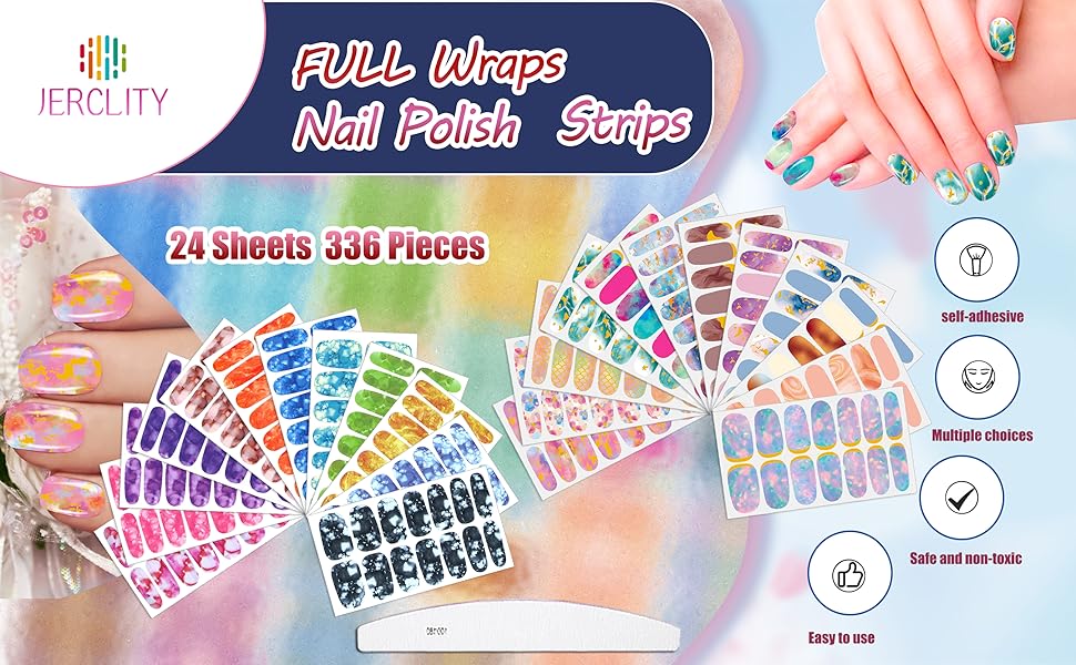 JERCLITY 336 Pieces 24 Sheets Women&amp;#39;s Full Wrap Marble Nail Polish Strips
