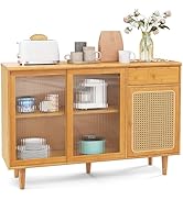 Giantex Buffet Cabinet with Storage, Bamboo Sideboard, Drawer, Rattan Glass Door Cabinet, Kitchen...