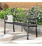 PHI VILLA 43 Inch Cast Iron Steel Frame Outdoor Garden Bench, Patio Furniture Chair Bench w/Flora...