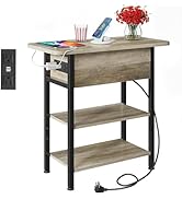 WLIVE End Table with Charging Station, Flip Top Narrow Side Table with Storage Shelf, Small Night...