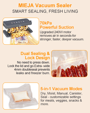 70kPa Powerful Suction, Dual Sealing &amp;amp; Lock Design, 5-in-1 Vacuum Modes