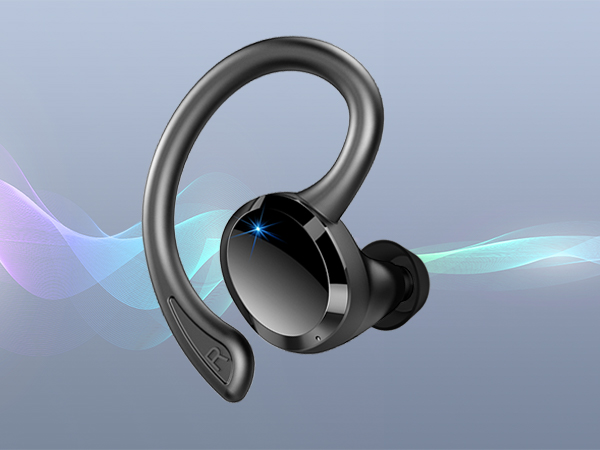 Wireless earbud with ear hook design. Black glossy finish on main body, matte gray hook. Blue light visible on earbud face.
