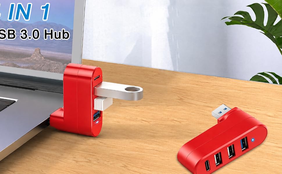 4-Port USB 3.0 Hub [90°/180° Degree Rotatable], USB Splitter USB Extender for Laptop, Car, Red