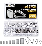 Sanuke 340PCS Stainless Steel Wire Rope Cable Thimbles Aluminum Crimping Loop Sleeve 3/64'' 1/16'...