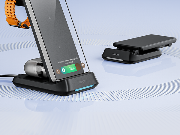 Black smartphone charging stand with tilting mechanism. Display shows 75% charge. Separate flat charging pad visible. Both devices have blue LED indicators.