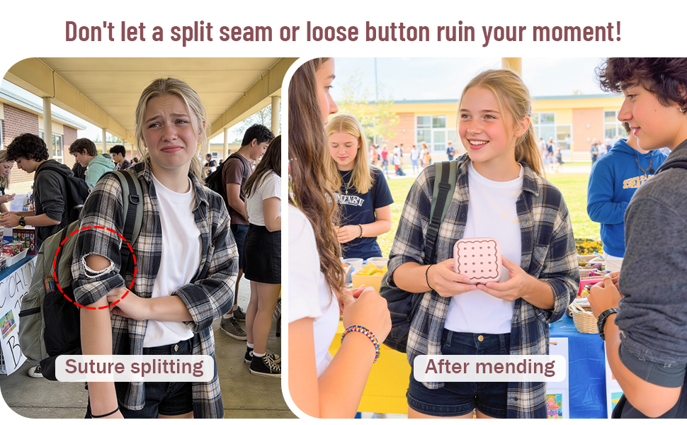 A sewing kit can quickly repair damaged clothes.