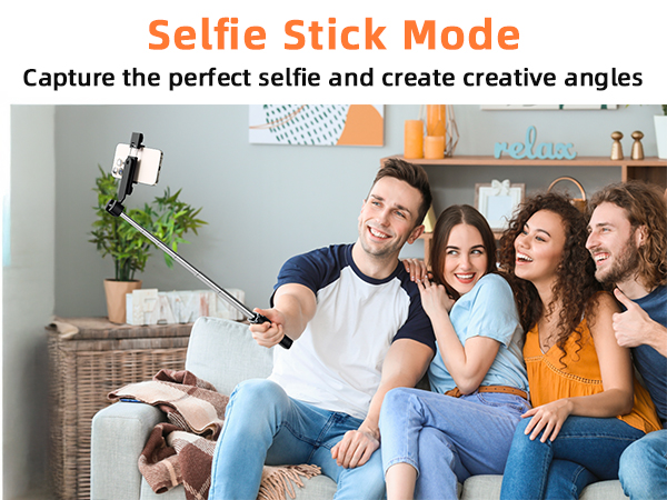 Text reads 'Selfie Stick Mode'. Series of lifestyle photos showing camera angles capturing social moments from elevated perspectives.