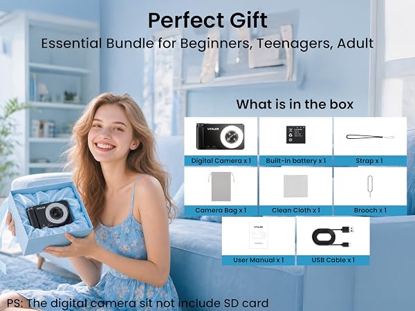 Text reads 'Perfect Gift', 'Essential Bundle for Beginners, Teenagers, Adult', 'What is in the box', 'The digital compass all hot spots SD card'. Woman holding vintage film camera with bundle contents diagram showing included accessories.