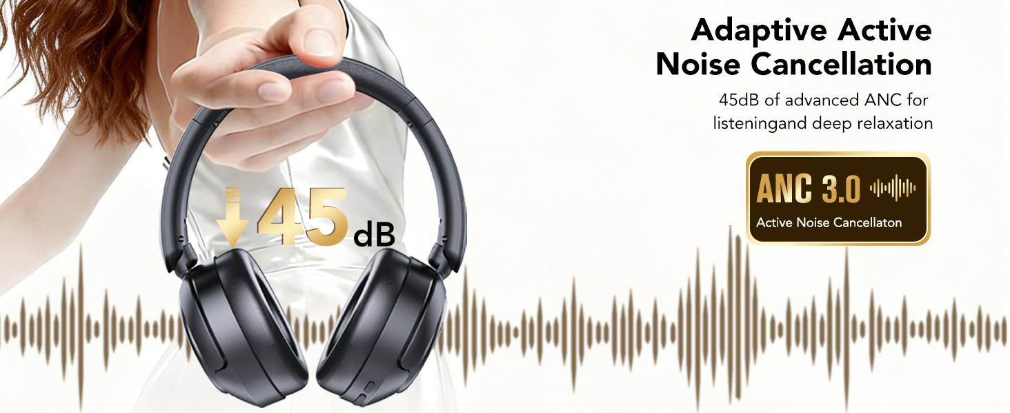 Text reads 'Adaptive Active Noise Cancellation' and 'ANC 3.0'. Wireless over-ear headphones shown with 45 dB indicator and sound wave visualization graphic.